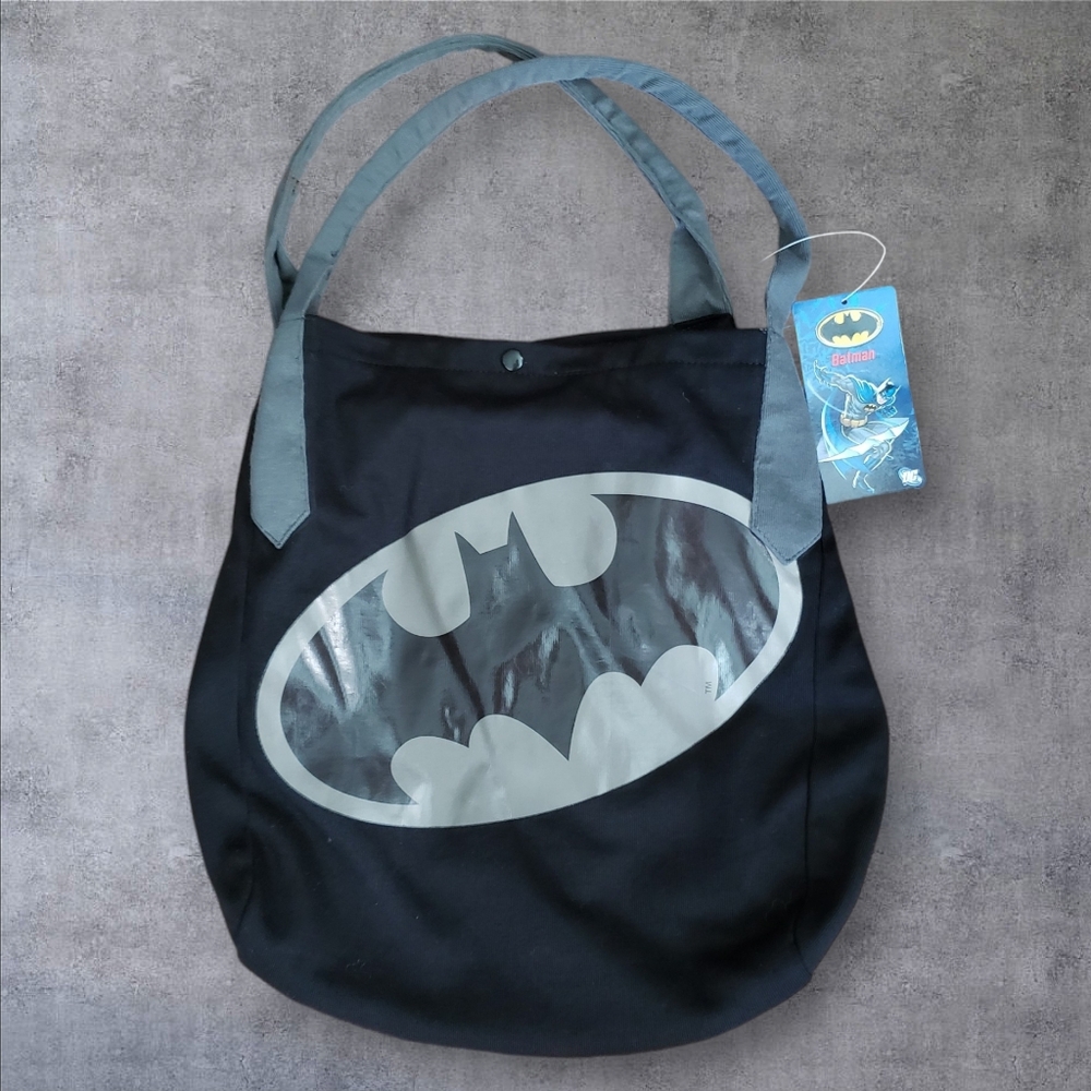 DC Comics Batman Tote Bag Pocket Lined Black Book Bag School Travel Gym NEW